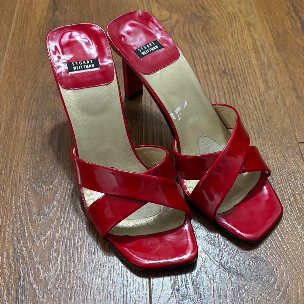 Stuart Weitzman Red Crisscross Patent Heels